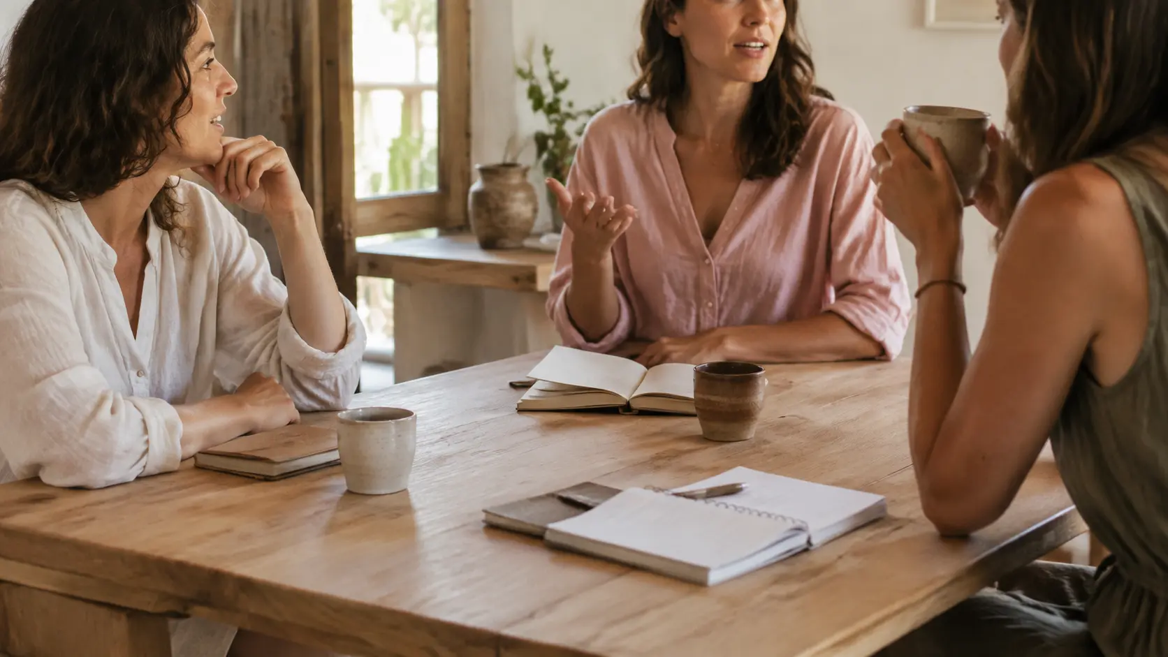 Mulheres reunidas de forma natural ao redor de uma mesa.
