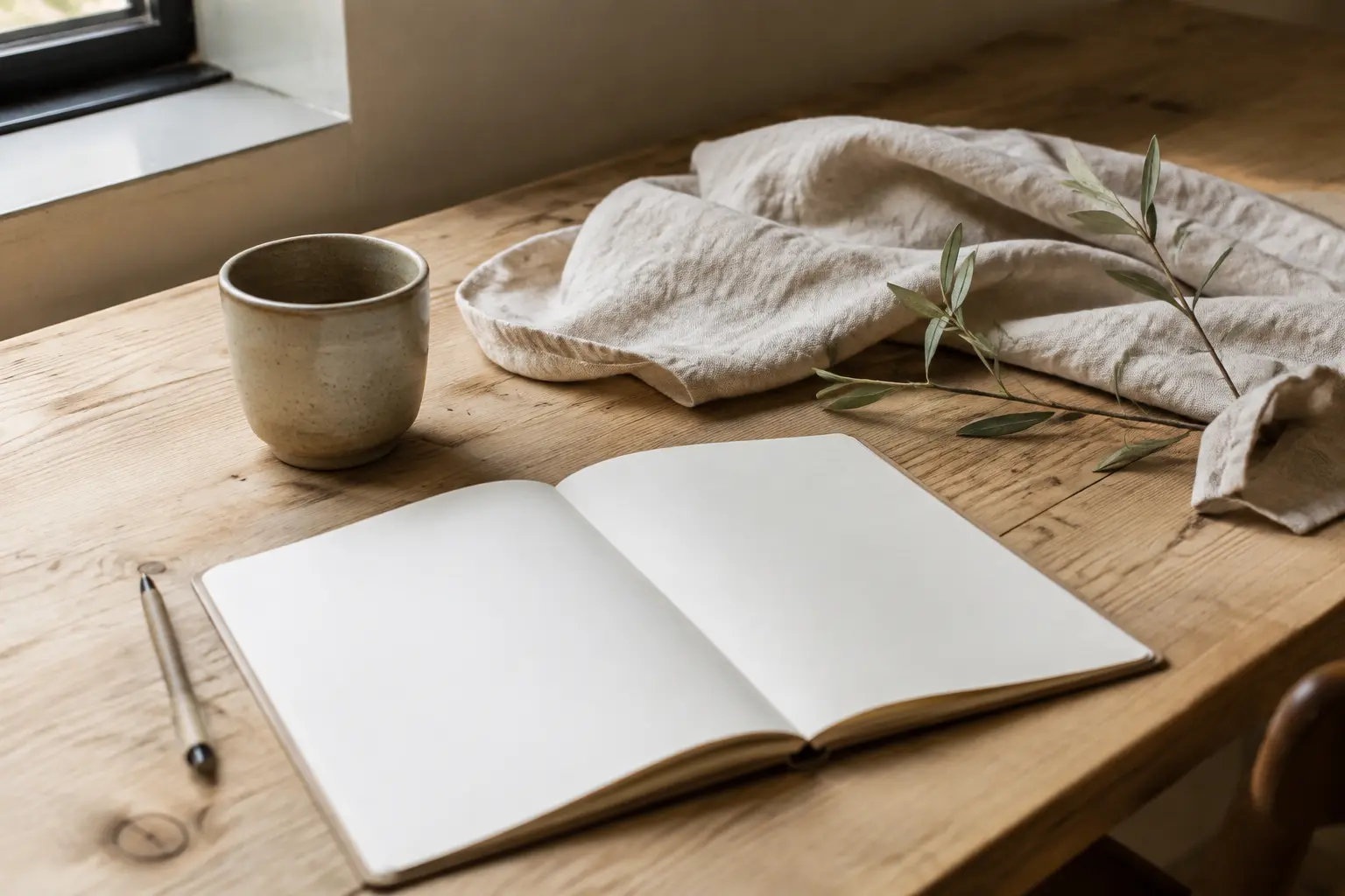 Mesa acolhedora com caderno e café em luz natural.