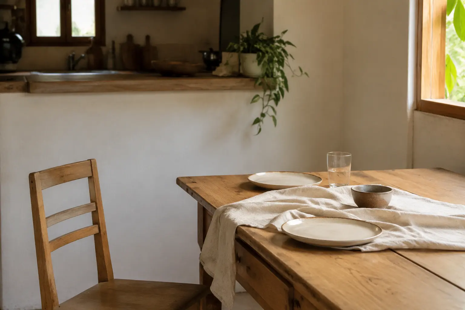 Mesa e cozinha vividas com luz natural e objetos cotidianos.